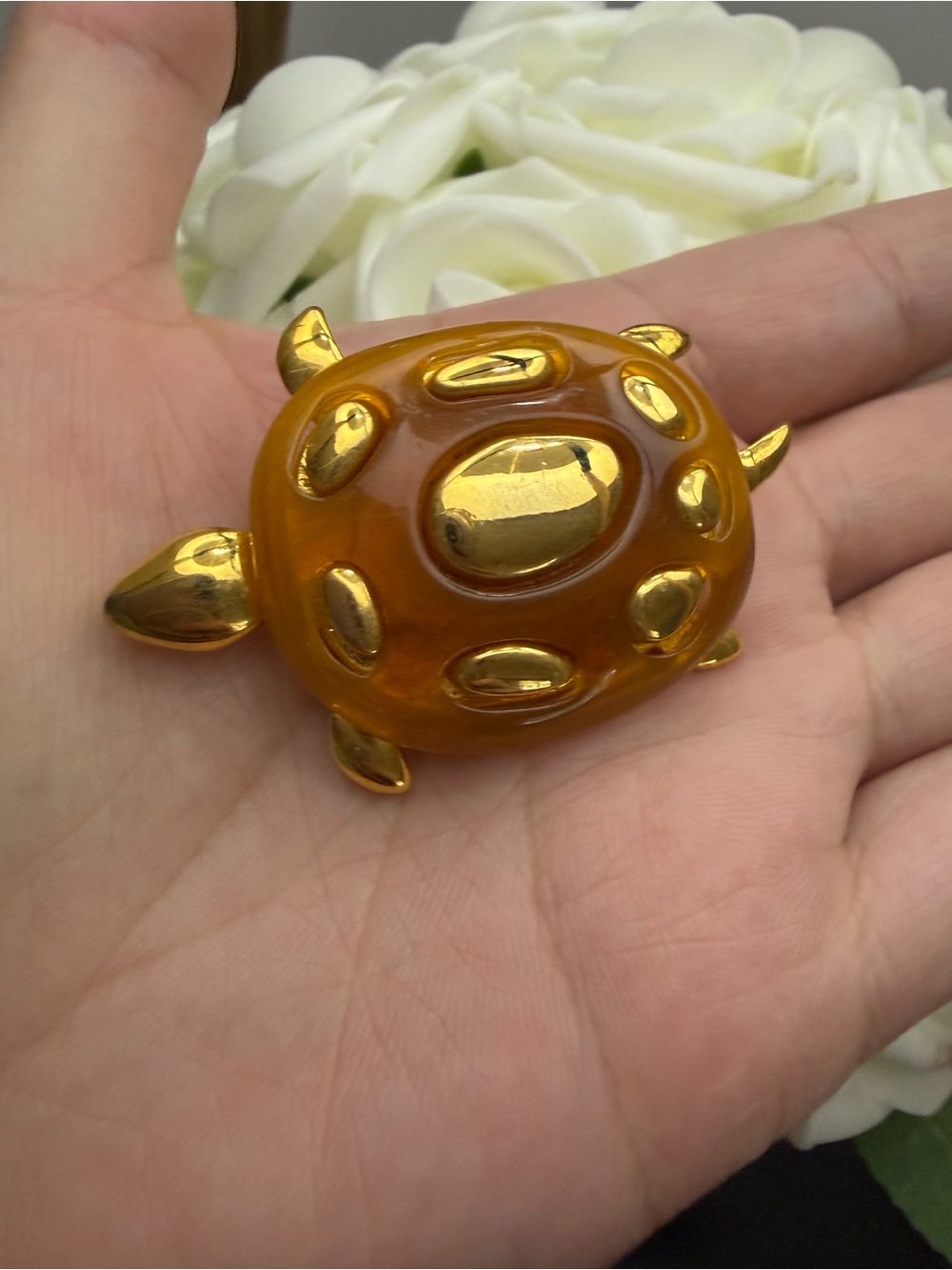 Vintage unique Amber Glass Turtle Figurine with Gold Accents